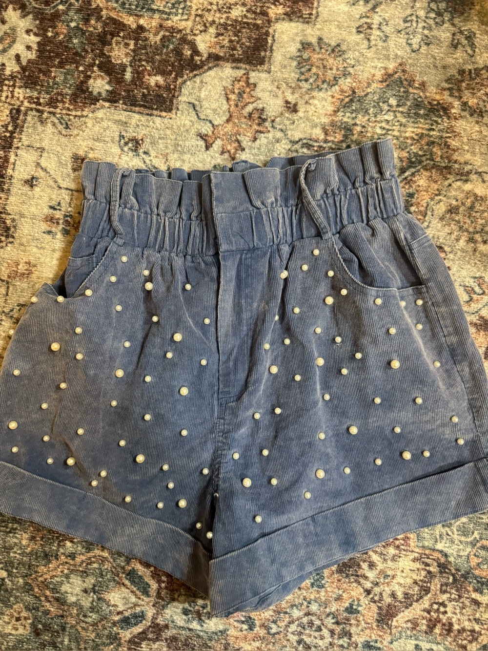 Fantastic fawn Pearl-Embellished Blue Corduroy Paperbag Waist Shorts